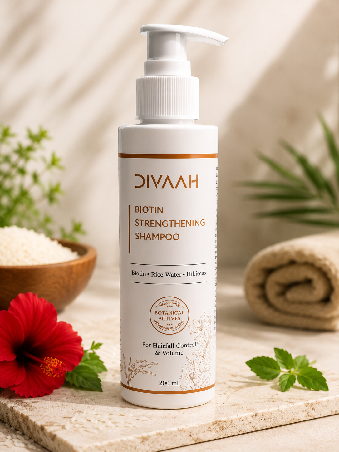 Divaah Biotin Strengthening Shampoo for Hair Fall Control & Volume | Biotin, Rice Water & Hibiscus | 200ml