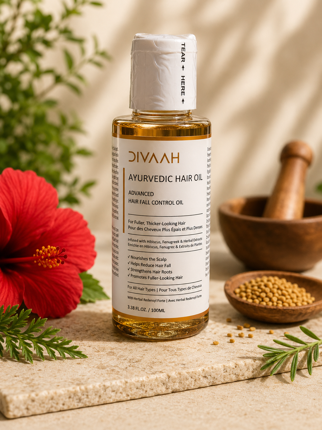 Divaah Ayurvedic Hair Oil for Hair Fall Control & Fuller-Looking Hair | Hibiscus, Fenugreek & Herbal Extracts | 100ml