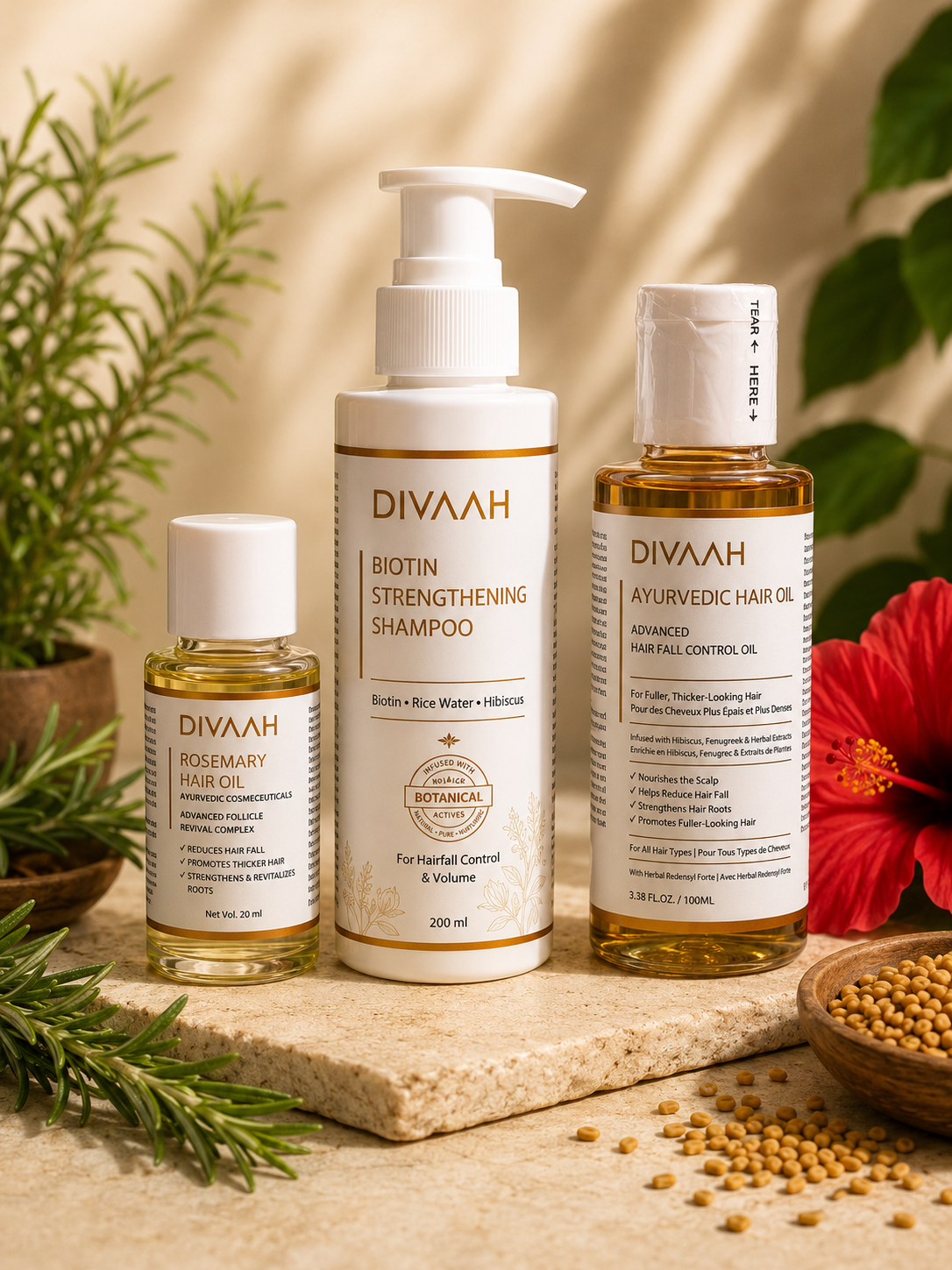 Divaah Complete Hair Care Combo | Rosemary Hair Oil + Biotin Shampoo + Ayurvedic Hair Oil