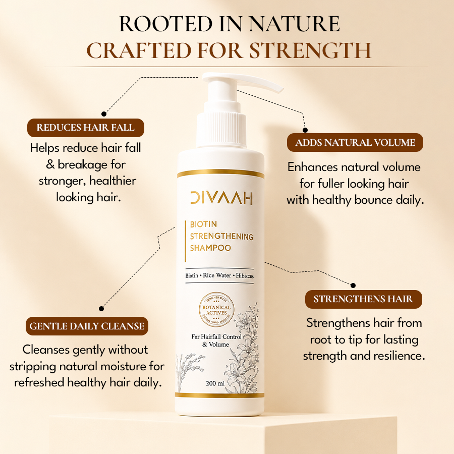 Divaah Biotin Strengthening Shampoo for Hair Fall Control & Volume | Biotin, Rice Water & Hibiscus | 200ml